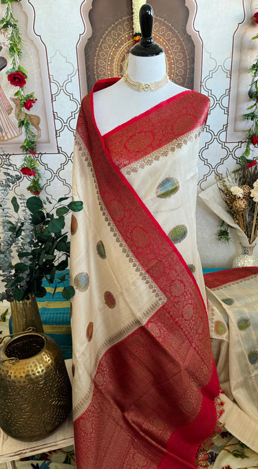 Lightweight Tussar Silk Saree | Antique Zari | Beige | Hand Brushed | Handwoven | Ships from California
